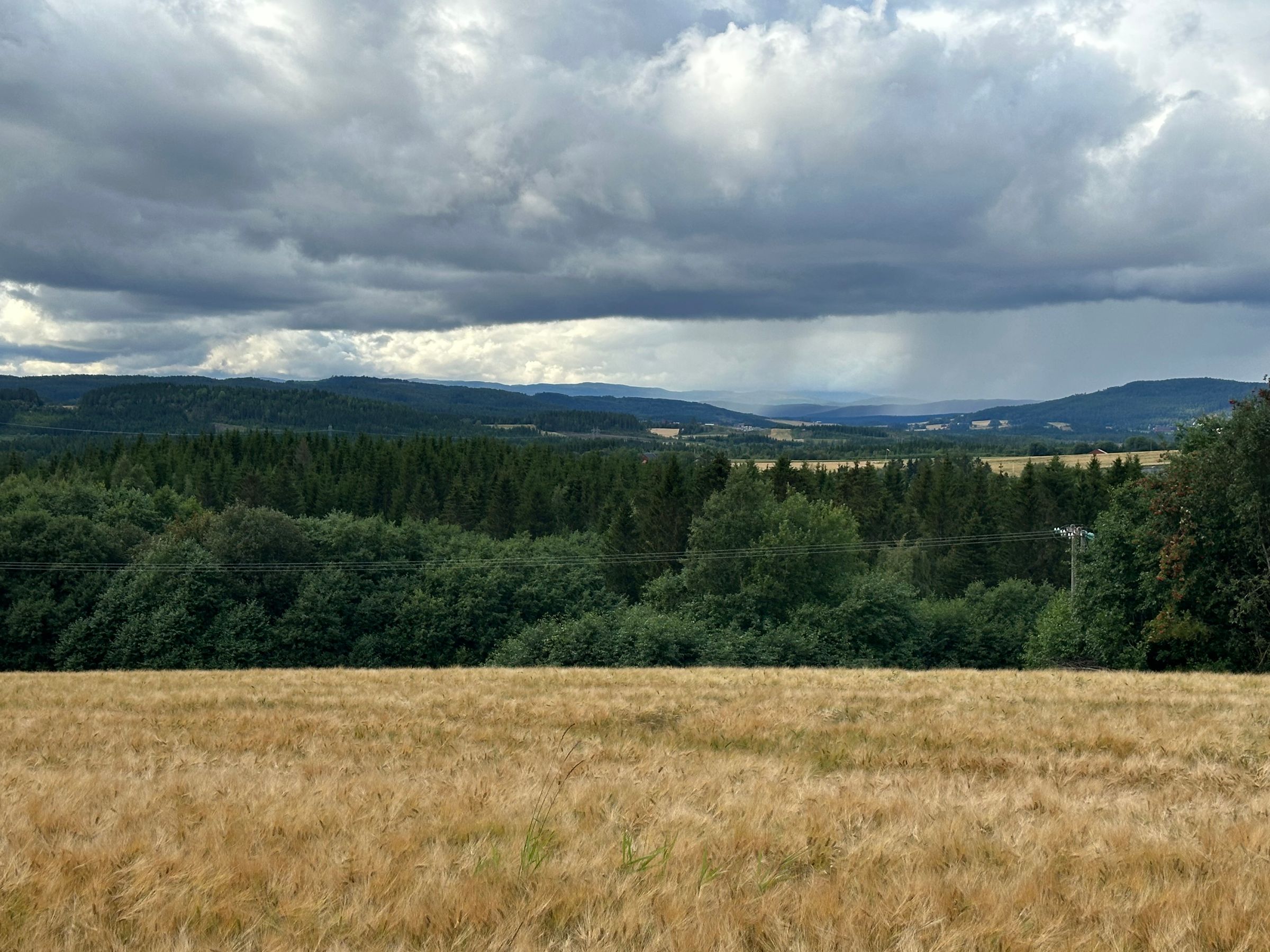Byggåker, skogkledde åser og regnbyer over bygda